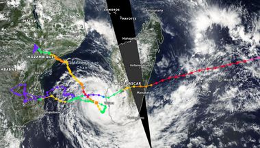 carte du canal du Mozambique avec la fin du tracé du cyclone Freddy avec code couleur pour l’intensité