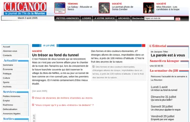 Page de garde de Clicanoo du 1ᵉʳ août 2005 avec le logo Clicanoo en haut à droite et les articles sur 3 colonnes