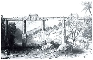 Dessin d'un aqueduc avec piles de maçonnerie et tablier de bois traversant une ravine encaissée