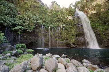 Piscine naturelle surmontée d'une cascade à droite de la photo et de nombreux filets d'eau tombant d'une végétation luxuriante à gauche.