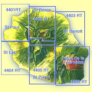 Carte de de la Réunion avec six rectangles de découpe bleus et irréguliers