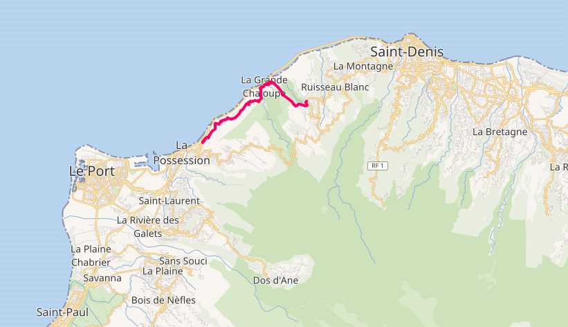 carte de Saint-Paul à Saint-Denis montrant le chemin en rouge