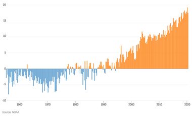 histogramme des températures de surface des océans entre 1955 et 2020 comparées à la moyenne de la période. bleu en dessous jusqu’en 1985 environ puis rouge après 85 et en augmentation constante.