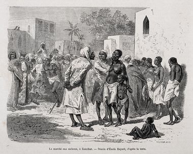 gravure reprÃ©sentant Le marchÃ© aux esclaves Ã  Zanzibar. par Bayard, Emile. (MusÃ©e historique de VillÃ¨le)