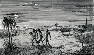 gravure reprÃ©sentant une Ã©vasion de trois esclaves de leur plantation la nuit.