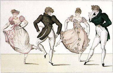 Quatre jeunes gens à la mode romantique dansent le quadrille