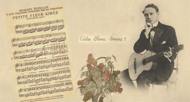 Montage avec une photo du folkloriste réunionnais Georges Fourcade une guitare à la main et la partition de sa chanson à succès Petite fleur fanée.