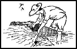 dessin noir et blanc d'un pêcheur de bichiques tenant sa vouve