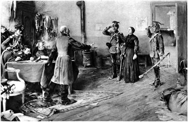 Juliette Dodu en 1870. Tableau montrant la dame entourée de deux gardes prussiens, rencontrant le Prince Frédéric-Charles de Prusse