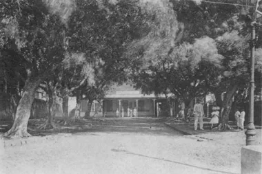 photo noir et blanc d'un petit bâtiment de plein pied au toit plat accessibleparune allée bordée de gros arbres feuillus