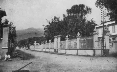 photo noir et blanc d'une rue bordée de grilles derière lesquelles on devine des jardins