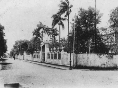 photo noir et blanc d'une rue bordée de propriétés closes de murs laissant dépasser des arbres et des palmiers