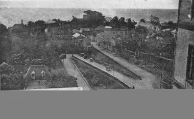 photo noir et blanc d'une rue qui serpente vers un quartier boisé avec des villas créoles