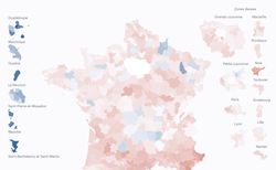 Carte de France avec les circonscriptions législatives en rouge en métropole et en bleu pour les DOM pour lesquels le RN a perdu des voix entre les européennes et les législatives.