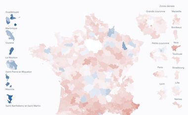 Carte de France des circonscriptions législatives avec les DOM à droite et les grandes villes métropolitaines à droite. Les DOM sont principalement en bleu à l'inverse du reste de la France