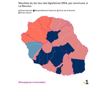 Carte des communes de la Réunion avec les communes et les partis (LFI, DVG, RN, DVD) arrivés en tête