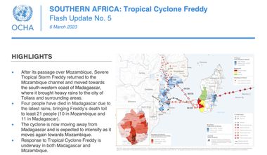 texte : After its passage over Mozambique, Severe Tropical Storm Freddy returned to the Mozambique channel and moved towards the south-western coast of Madagascar, where it brought heavy rains to the city of Toliara and surrounding areas. (carte avec explication des zones touchées)