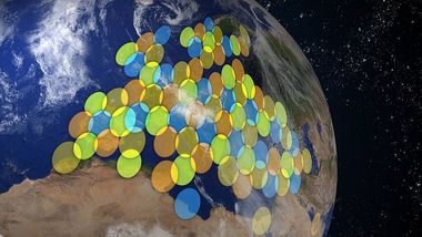 Vue d'artiste des points de faisseau du satelite KA SAT sur l'Europe avec le ciel étoilé de l'espace en fond