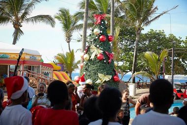 Un sapin de Noël sous les palmiers entouré de nombreuses personnes à une fête foraine.