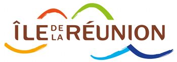 Île de la Réunion en marron et en capitales sur fond blanc avec des vagues et des monts de couleur