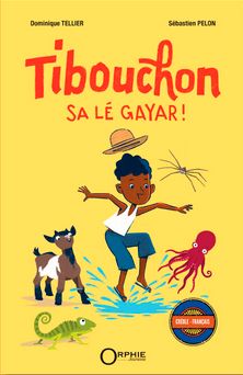 Couverture jaune avec un gayar qui saute dans une flaque d'eau entouré de cabri, zourite et endormi