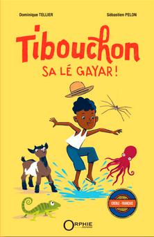 Couverture jaune avec un gayar qui saute dans une flaque d'eau entouré de cabri, zourite et endormi