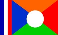 drapeau de la Réunion avec tricolore au danton et écartelé de bleu orange rouge vert centré d'un disque blanc