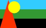 drapeau de la Réunion de trois bandes horizontales bleu vert noir avec un triangle rouge et disque jaune au premier tiers