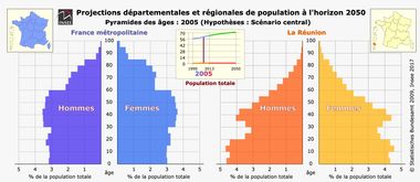 Pyramide des âges France métropolitaine / Réunion pour l'année 2005